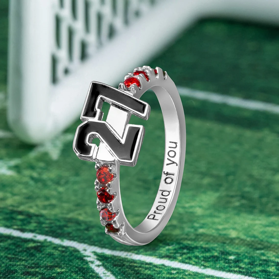 Personalized Sport Number Engraved Name Ring with Birthstone