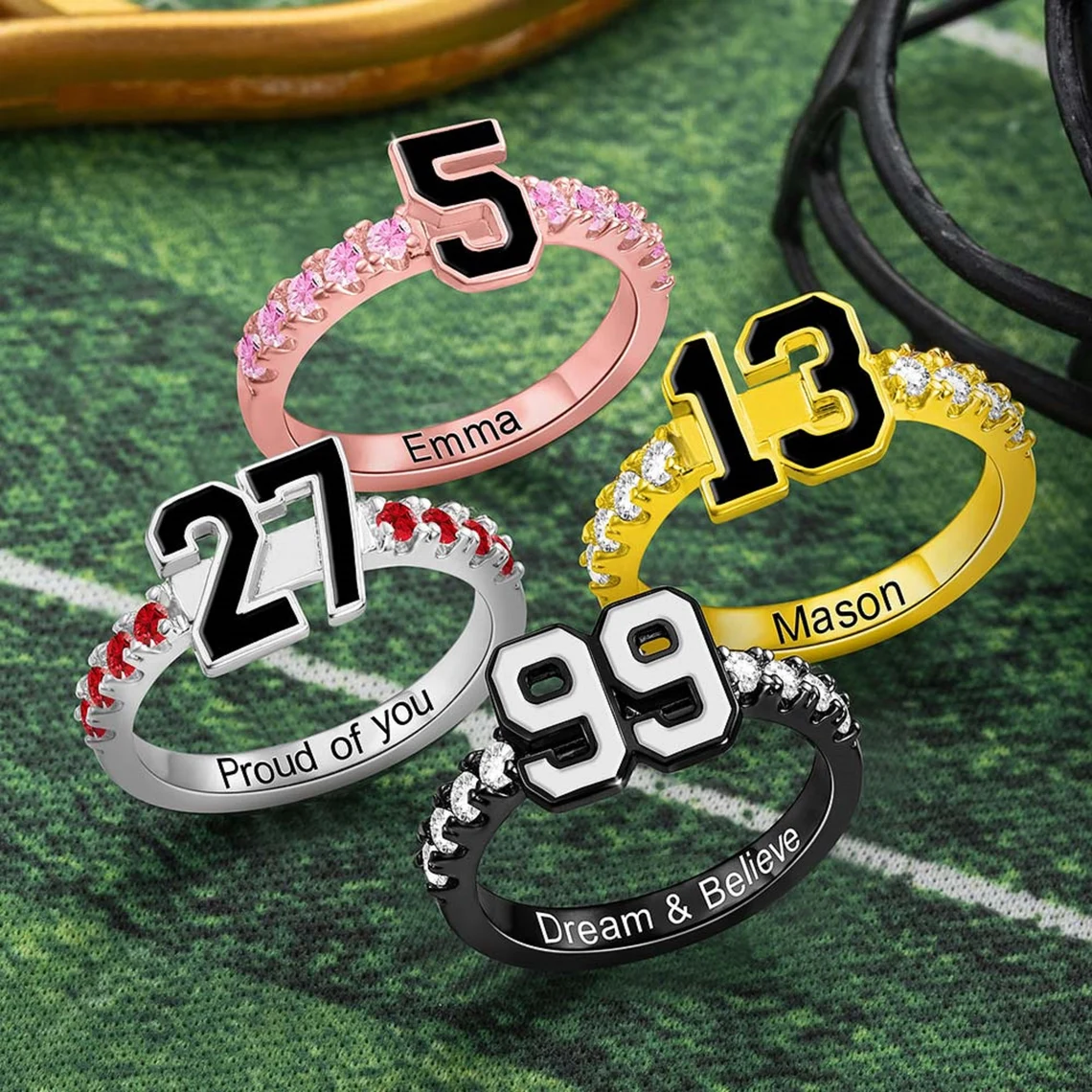 Personalized Sport Number Engraved Name Ring with Birthstone