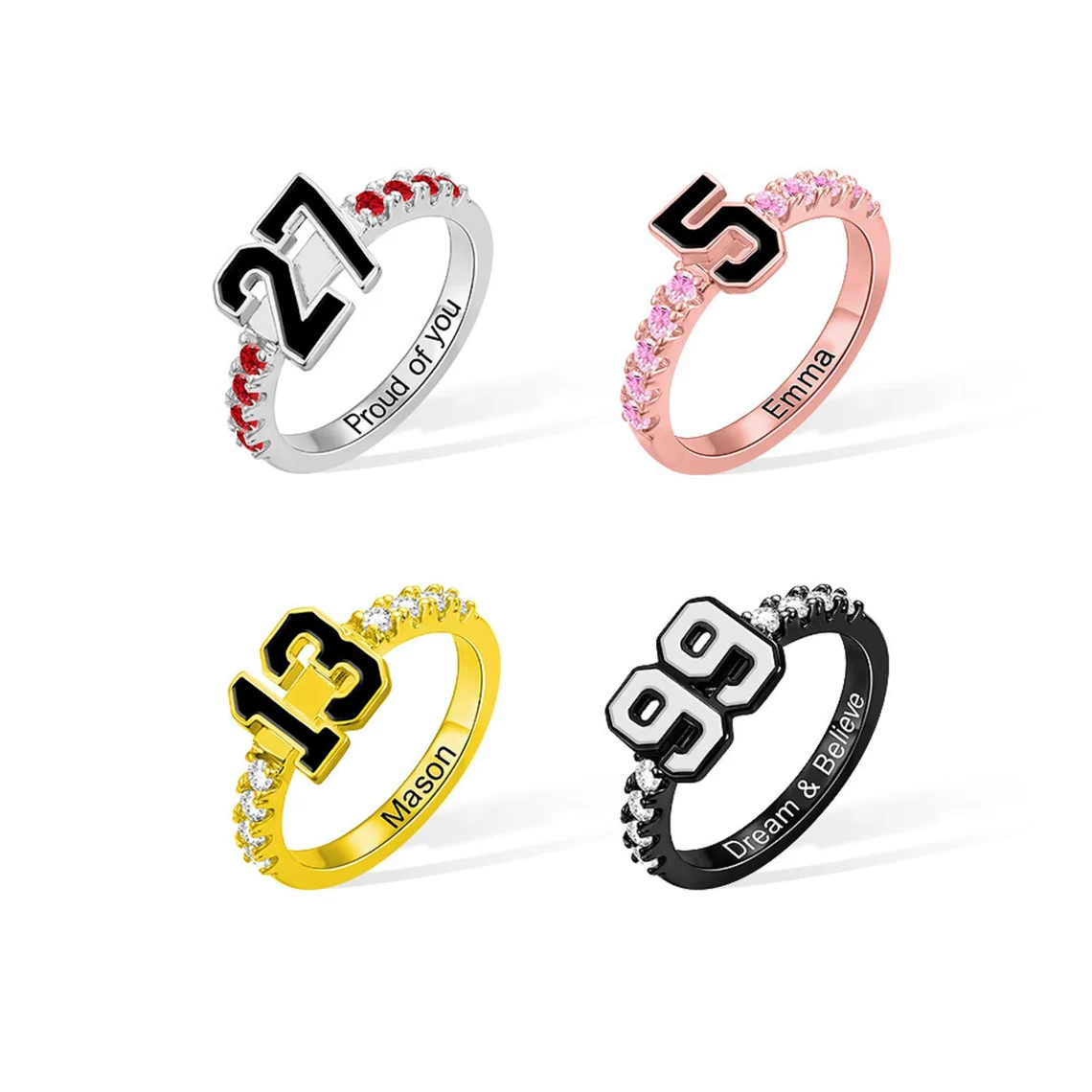 Personalized Sport Number Engraved Name Ring with Birthstone