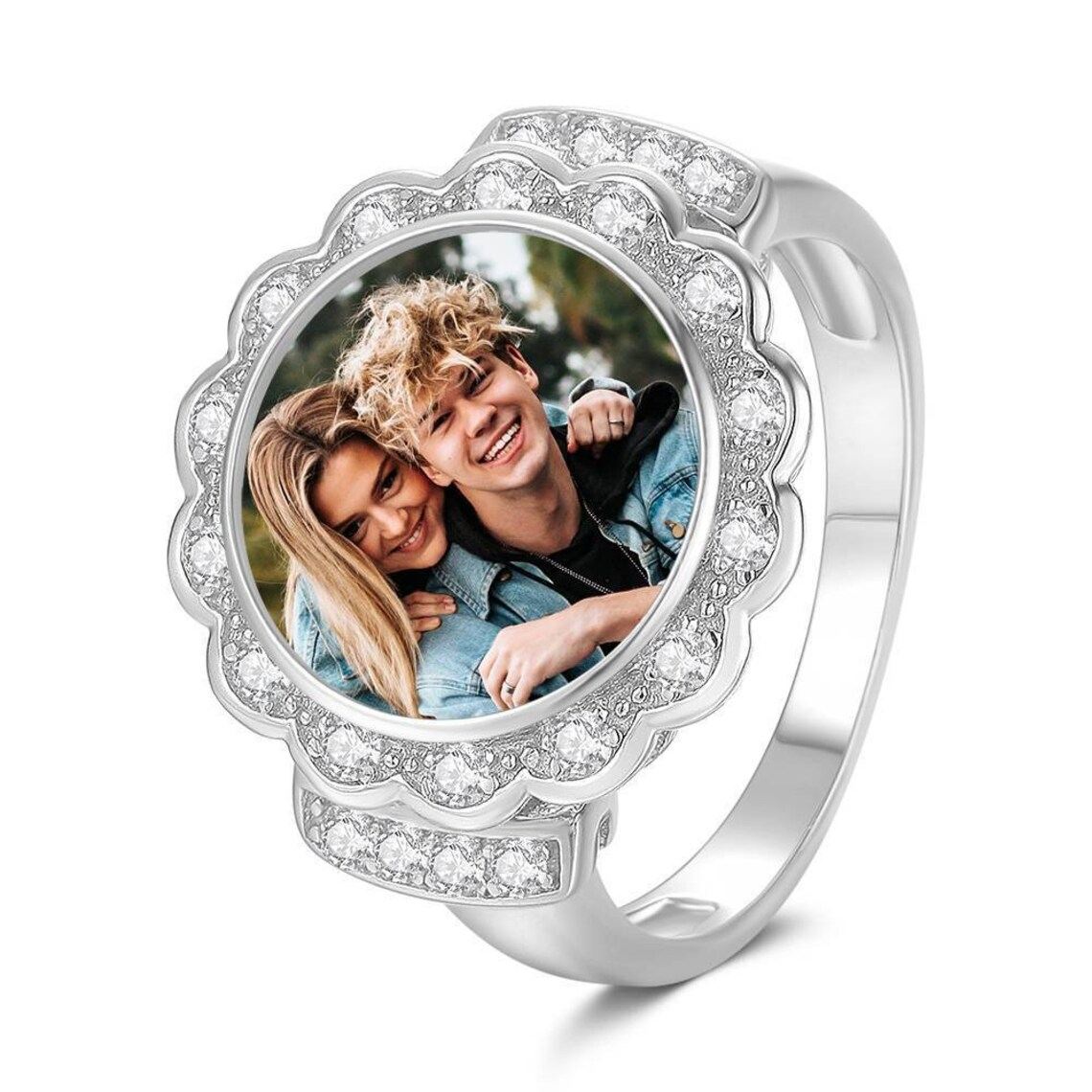 Flower Shape Zircon Personalized Photo Ring