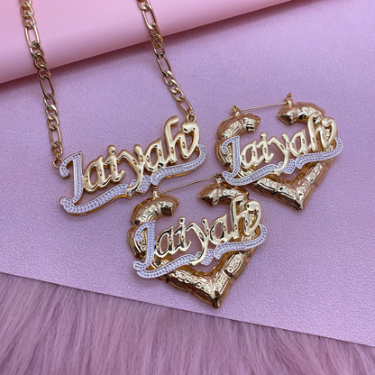 Custom Two Tone Double Plate Heart Name Necklace &amp; Bamboo Earrings Jewelry Set-silviax