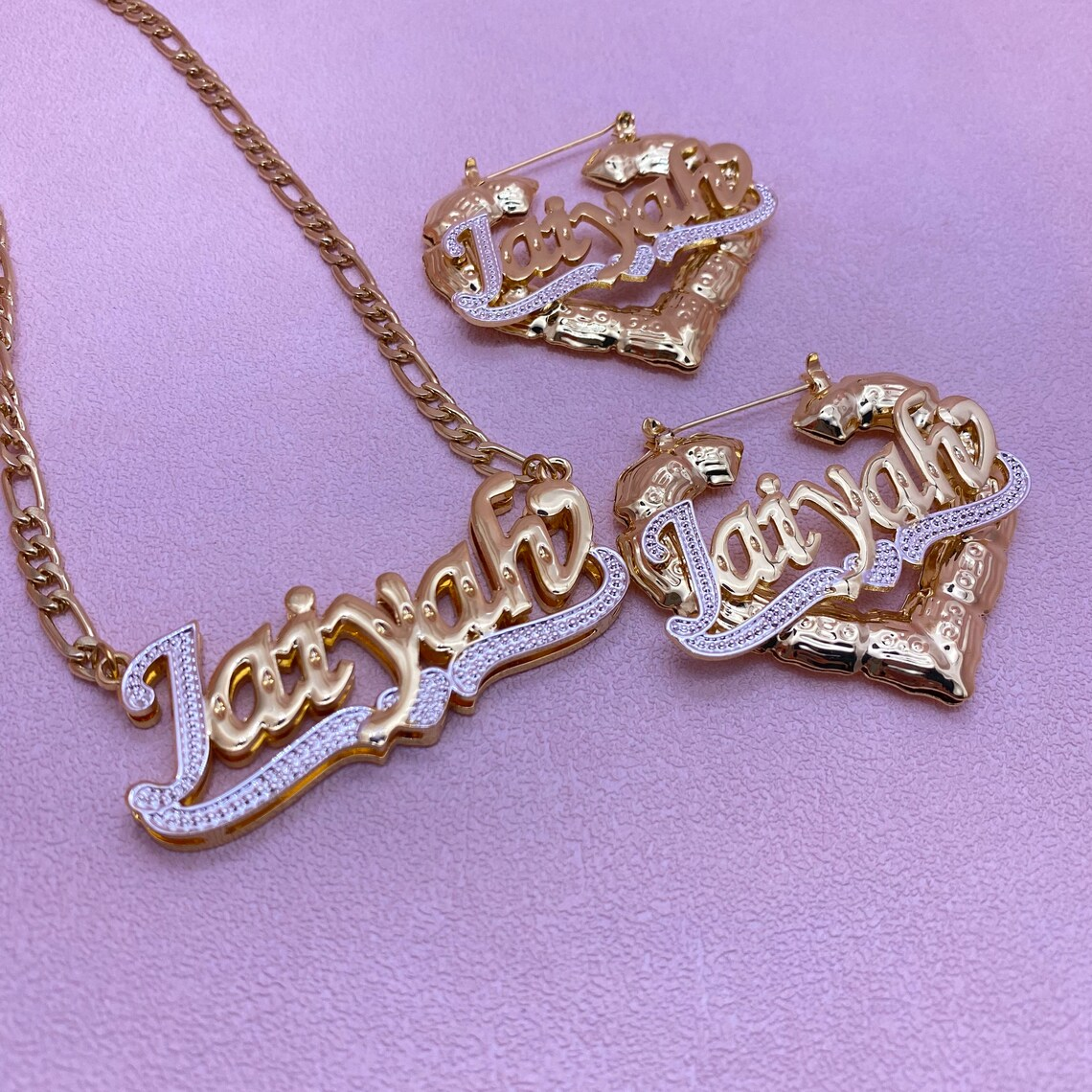 Custom Two Tone Double Plate Heart Name Necklace &amp; Bamboo Earrings Jewelry Set-silviax