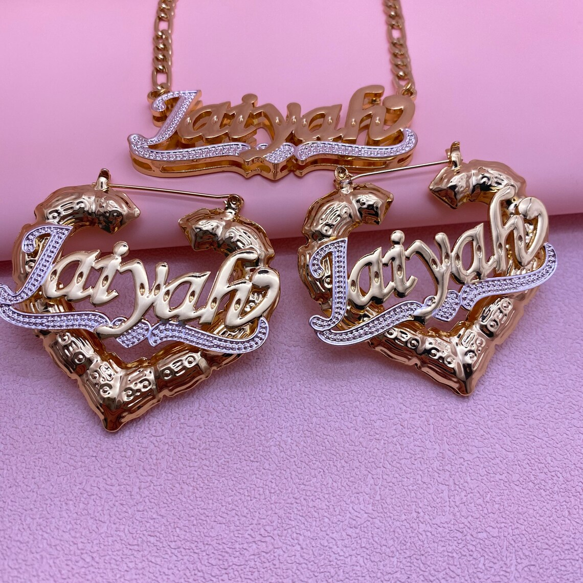 Custom Two Tone Double Plate Heart Name Necklace &amp; Bamboo Earrings Jewelry Set-silviax