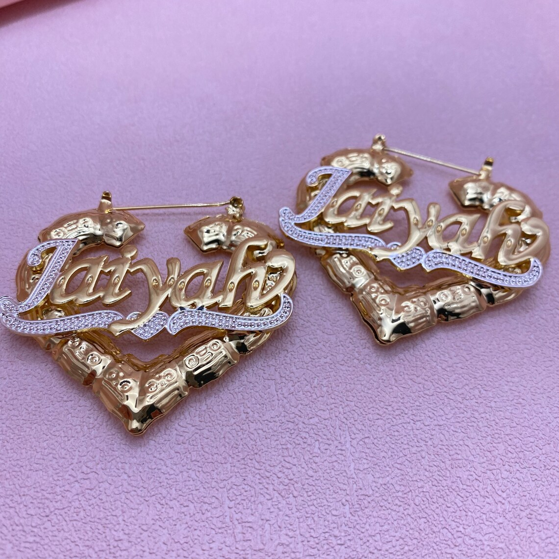 Custom Two Tone Double Plate Heart Name Necklace &amp; Bamboo Earrings Jewelry Set