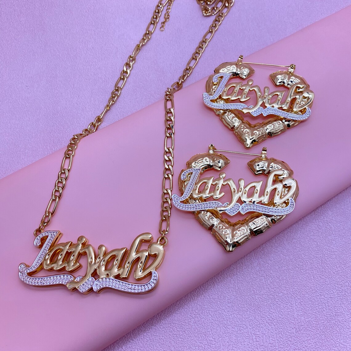 Custom Two Tone Double Plate Heart Name Necklace &amp; Bamboo Earrings Jewelry Set-silviax