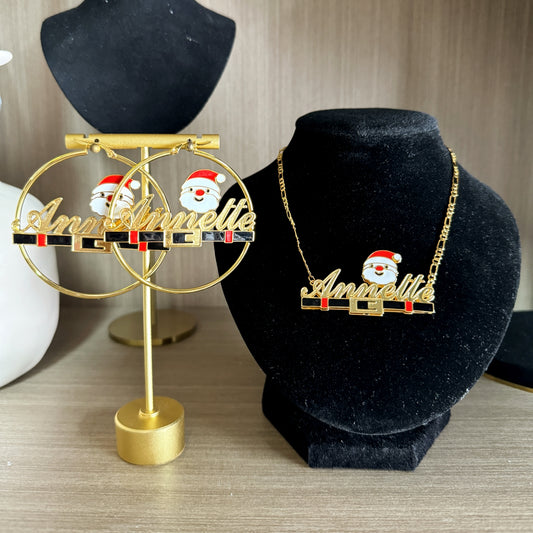 Cartoon Christmas Santa Pendant Double Layer Customized Name Necklace And Name Earrings