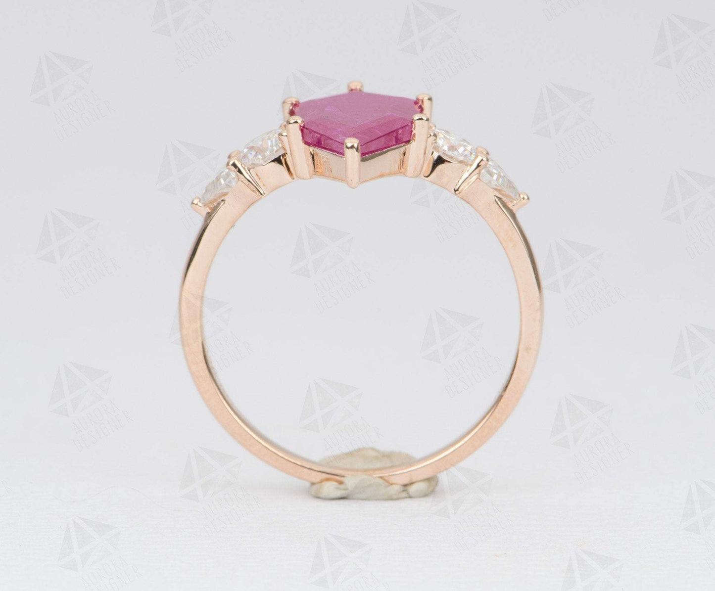 2.03ct Hexagon Ruby Engagement Ring 14K Rose Gold Moissanite Sides OOAK Unique Alternative AD2329