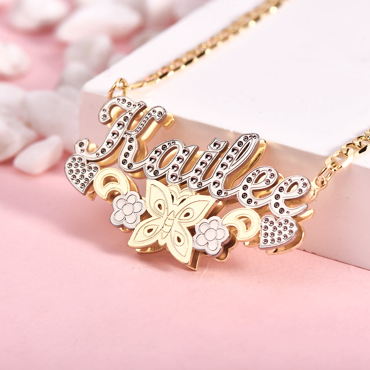 Double Layer Two Tone With Butterfly Flower And Heart Personalized Custom Name Necklace-silviax