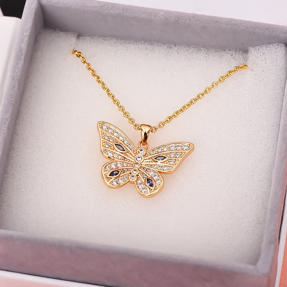 Butterfly Inlay Zircon Pendant Gold Plated Necklace-silviax