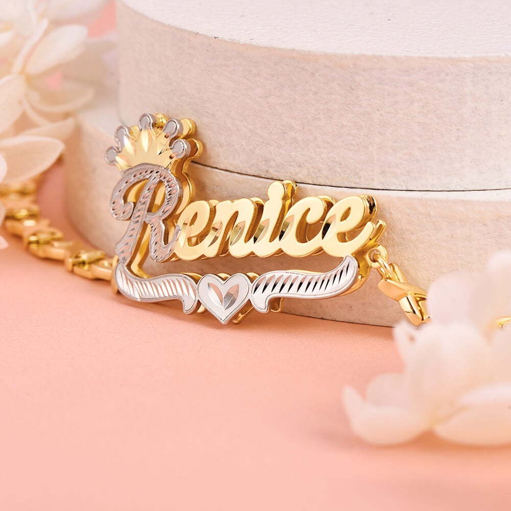 Double Layer Two Tone Crown Nameplate with XOXO Chain Personalized Custom Gold Plated Name Bracelet-silviax