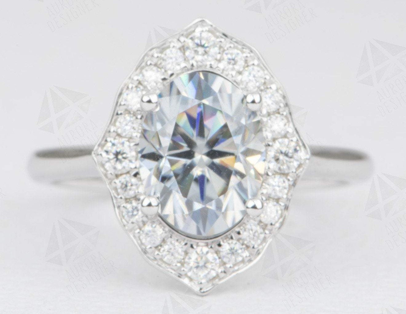 2.15ct Oval Gray Moissanite Ring 14K White Gold Halo Unique Modern Anniversary Present AD1542-1