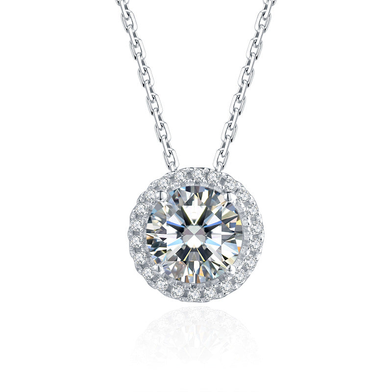 Luxurious Halo 1.0 Carat Round Cut Moissanite Pendant Necklace In Sterling Silver-Maxinejewelry