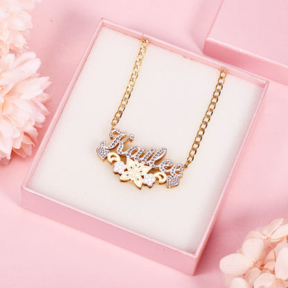 Double Layer Two Tone With Butterfly Flower And Heart Personalized Custom Name Necklace