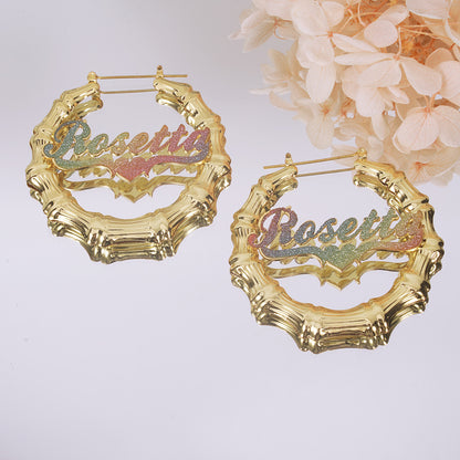 Colorful Nameplate with Heart Personalized Bamboo Name Hoop Earrings