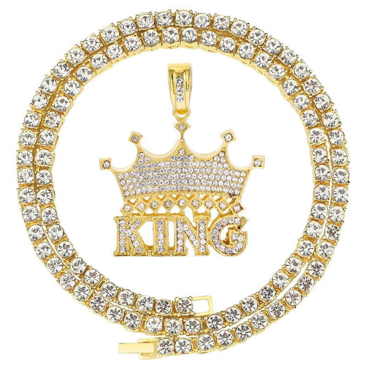 King Crown Pendant Neckalce Hip Hop Style Gold Plated Tennis Chain-silviax