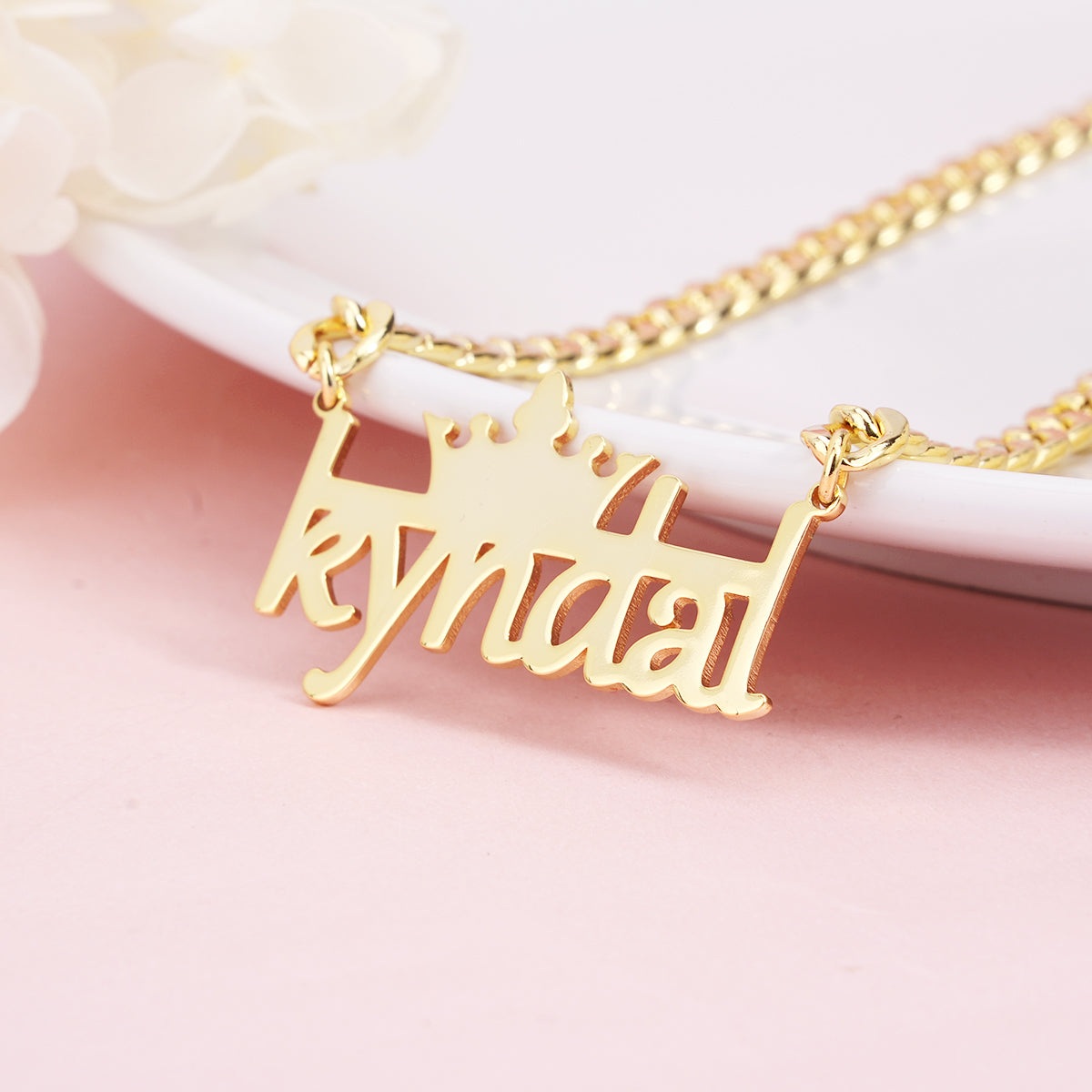 Crown And Horizontal Line With Cuban Chain Personalized Custom Gold Plated Name Necklace