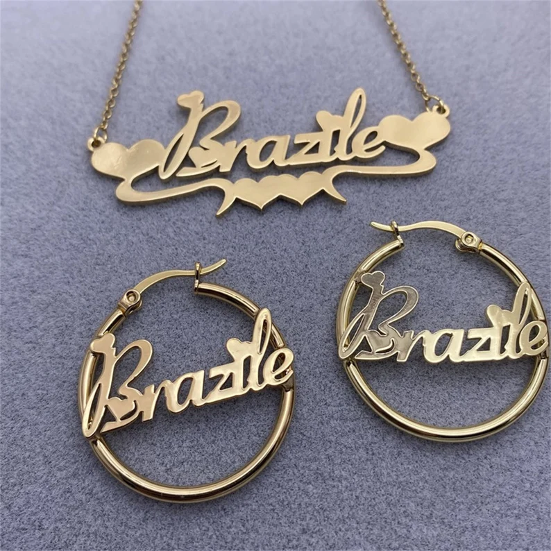 Personalized Gold Plated Minimalist Heart Name Necklace and Hoop Earrings Gift For Women-silviax