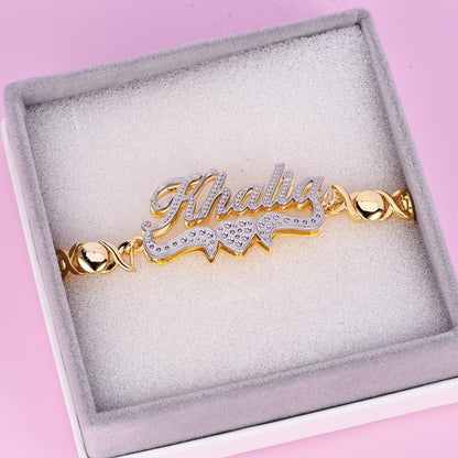 Double Layer Two Tone Heart Nameplate with XOXO Chain Personalized Custom Gold Plated Name Bracelet