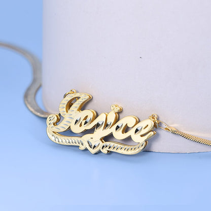 Double Layer Nameplate With Heart Pendant Personalized Custom Gold Plated Name Necklace Snake Chain-silviax