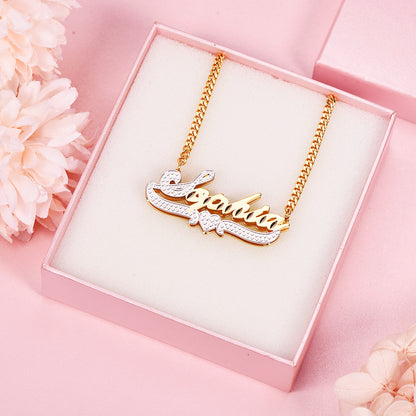 Double Layer Two Tone Heart Nameplate Personalized Custom Name Necklace Gold Plated Jewelry Gift For Women Girl-silviax