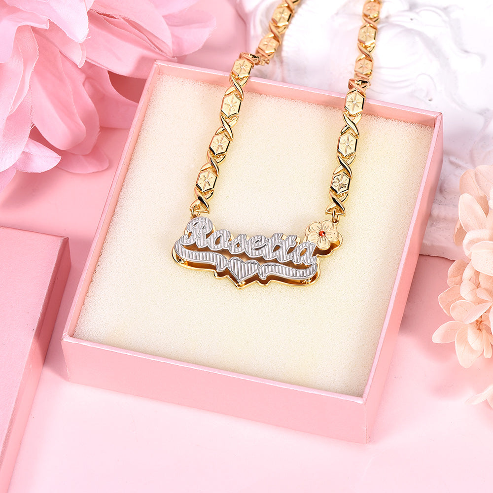 Double Plate Two Tone Birthstone Flower Heart with XOXO Chain Personalized Custom Gold Plated Name Necklace