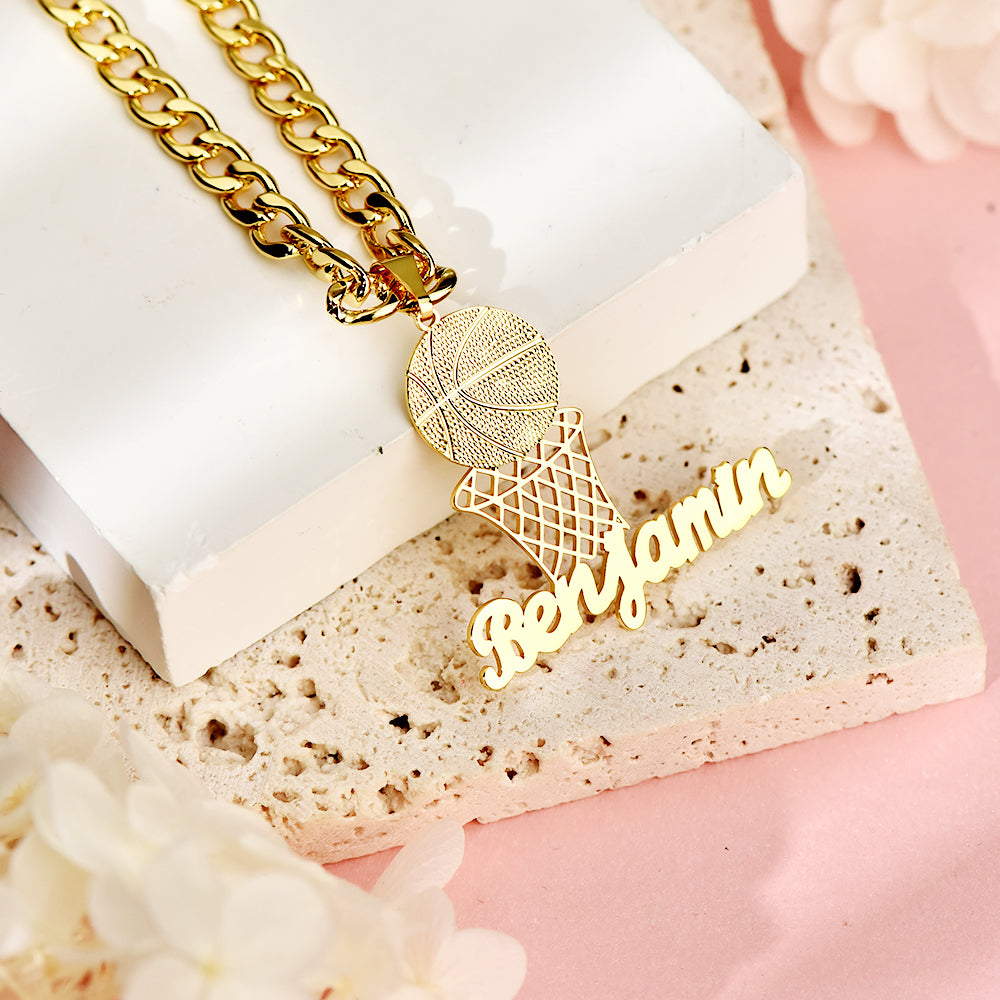 Basketball Nameplate Pendant Personalized Custom Gold Plated Name Necklace