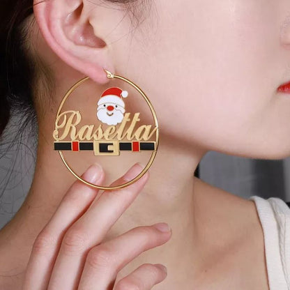 Cartoon Christmas Father Santa Nameplate Hoop Earrings Gold Plated Name Earrings