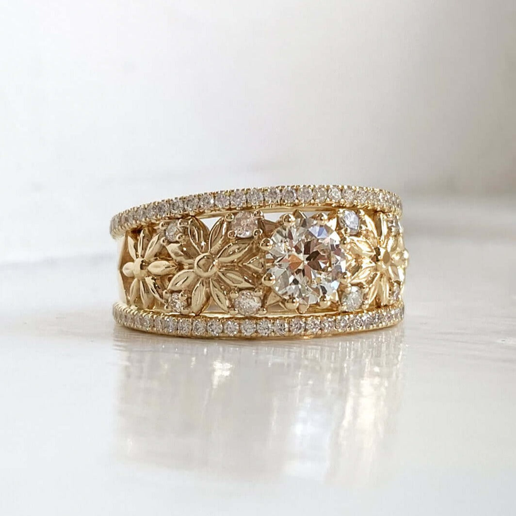 Flower Motif And Inlaid Zircon Personalized Custom Gold Plated Engraved Ring-silviax