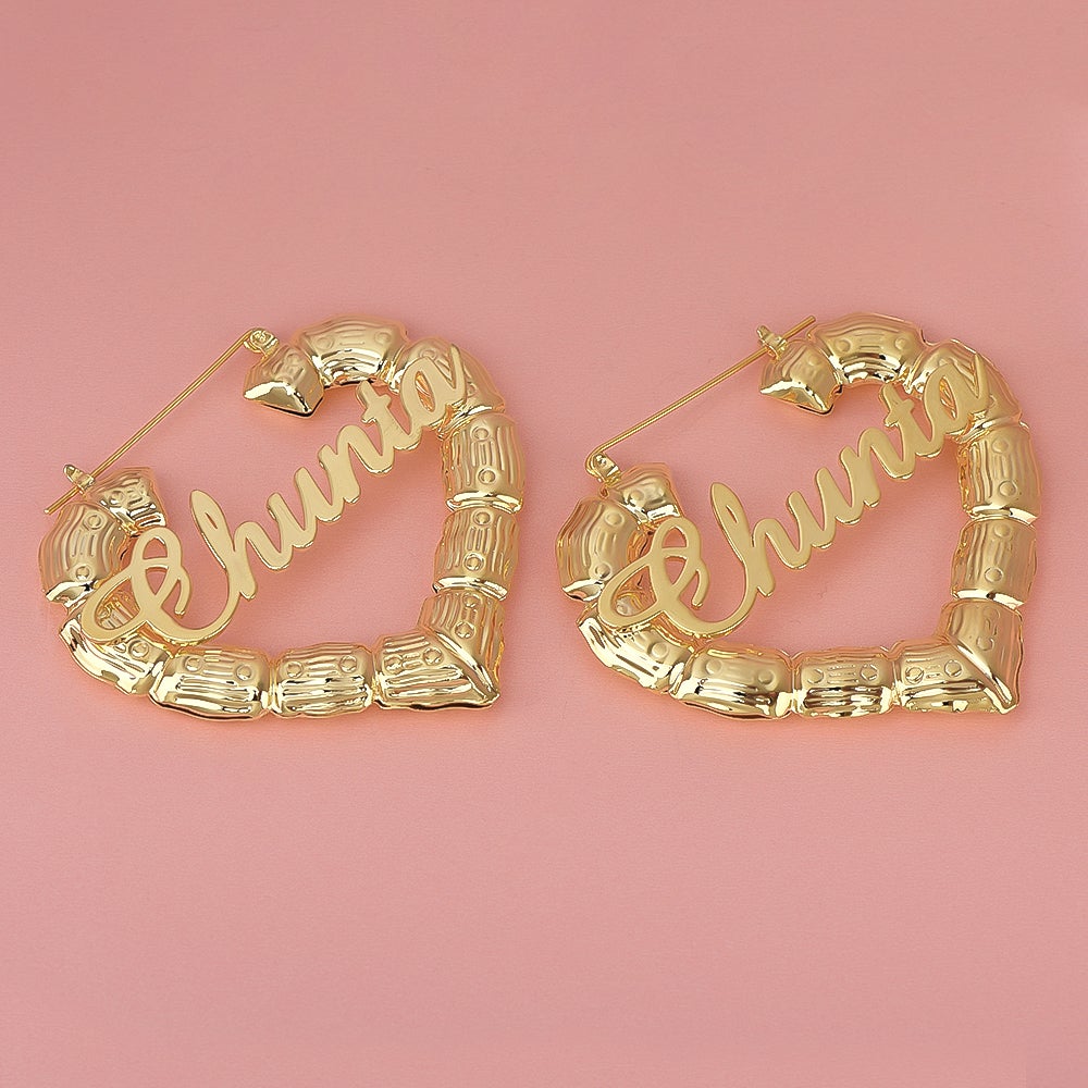 Gold Plated Personalized Heart Bamboo Name Earrings