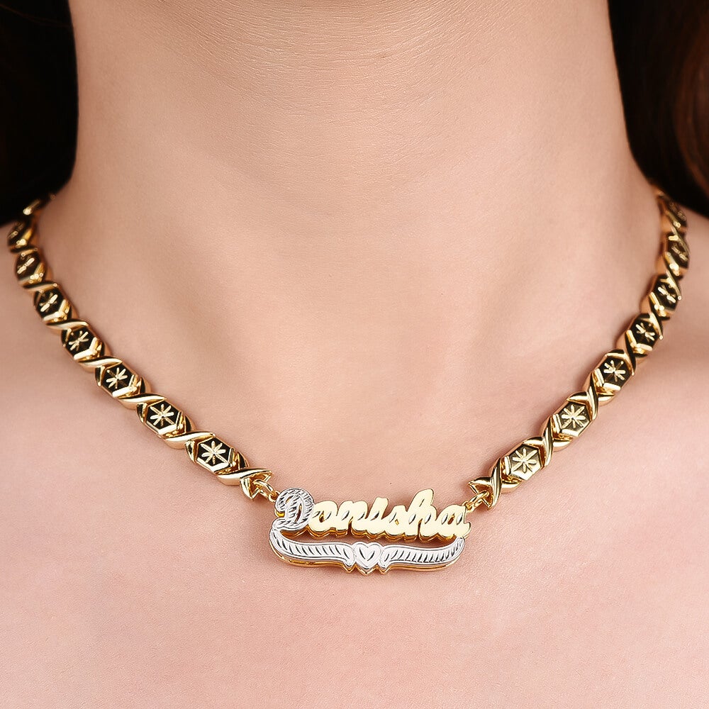 Two Tone Personalized Custom Gold Plated Double Layer XOXO Chain Name Necklace and XOXO Bamboo Name Earrings Set