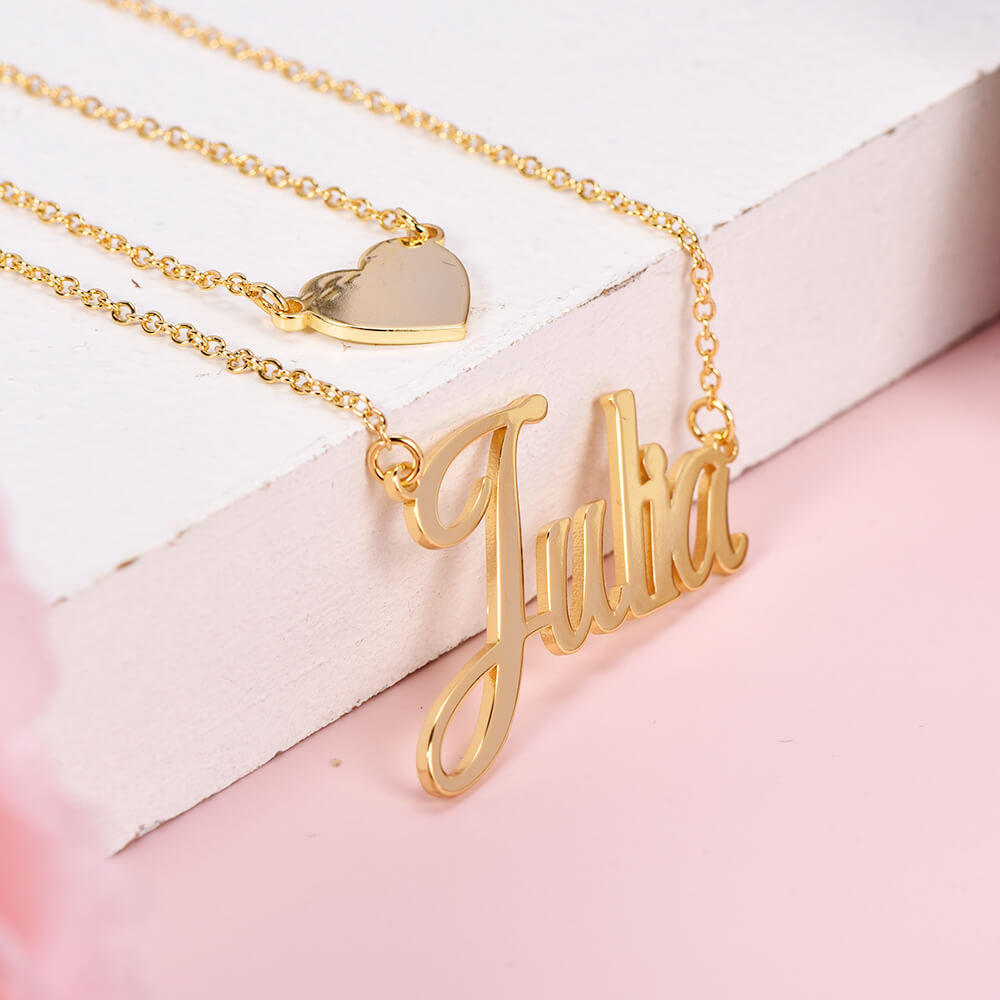 Double Chain With Heart Personalized Custom Gold Plated Name Necklace-silviax