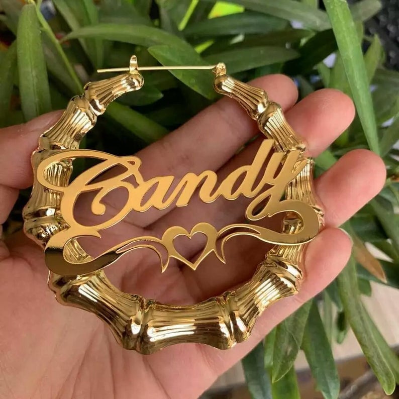 Bamboo Hoop with Heart Personalized Custom Name Earrings Gold Plated