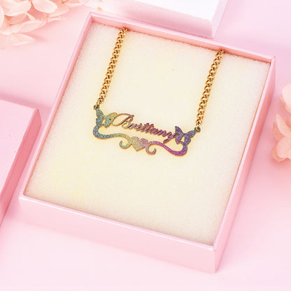 Bling Bling Colorful Two Butterfly with Heart Personalized Name Necklace-silviax