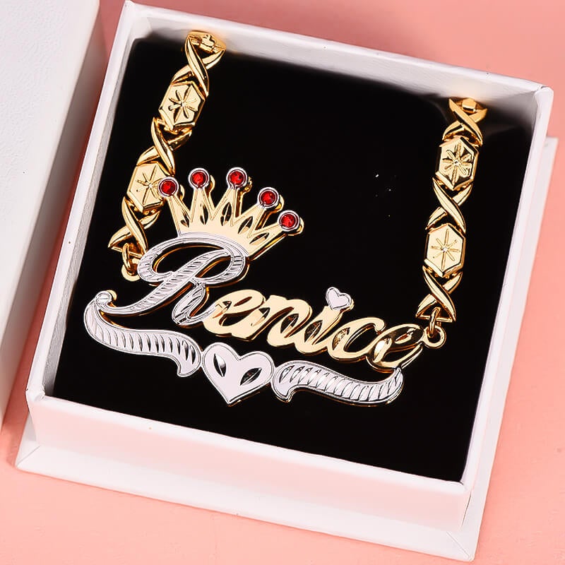 Double Layer Two Tone Ruby Crown and Heart with XOXO Chain Personalized Custom Gold Plated Name Bracelet-silviax