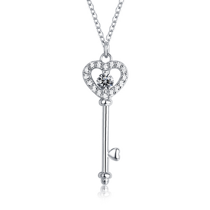 Heart Key White Sapphire Pendant Charm Necklace In Sterling Silver