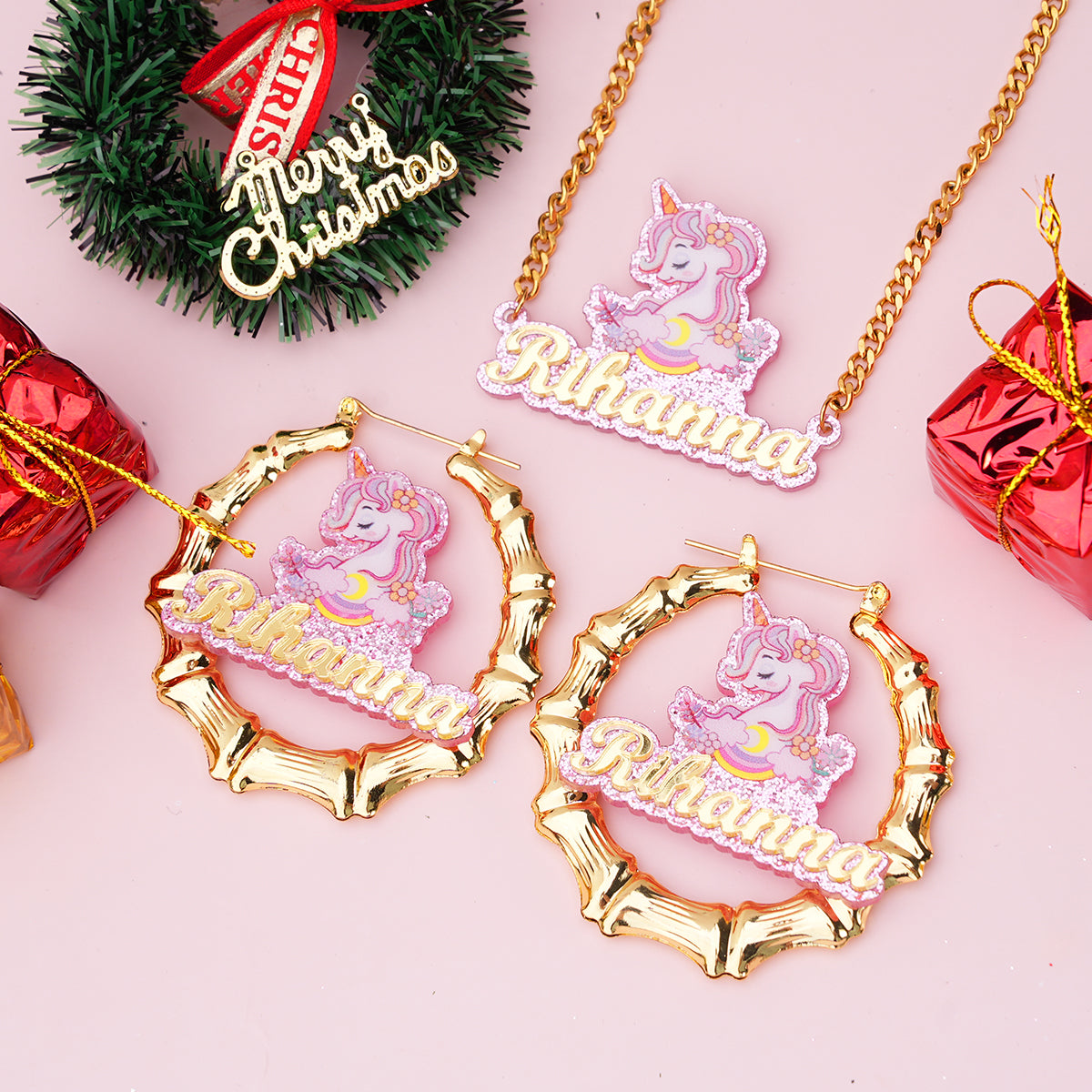 Pink Acrylic Unicorn Nameplate Jewelry Set Personalized Name Necklace and Bamboo Earrings