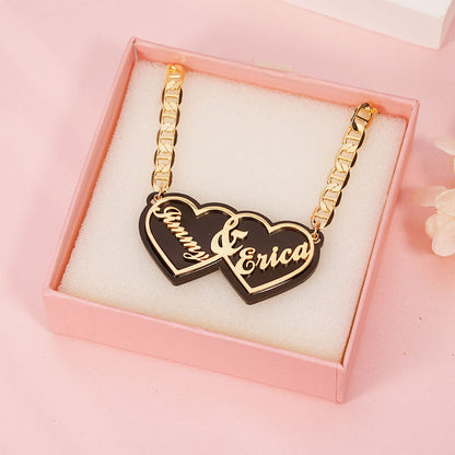 Acrylic Double Heart Pendant Personalized Custom Gold Plated Name Necklace Couple Gift-silviax