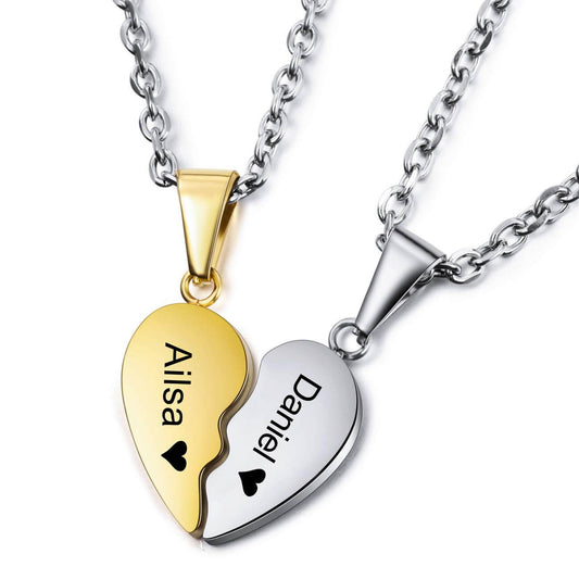 Personalized Two Tone Engraved Heart Puzzle Pendant Necklaces for Couples-silviax