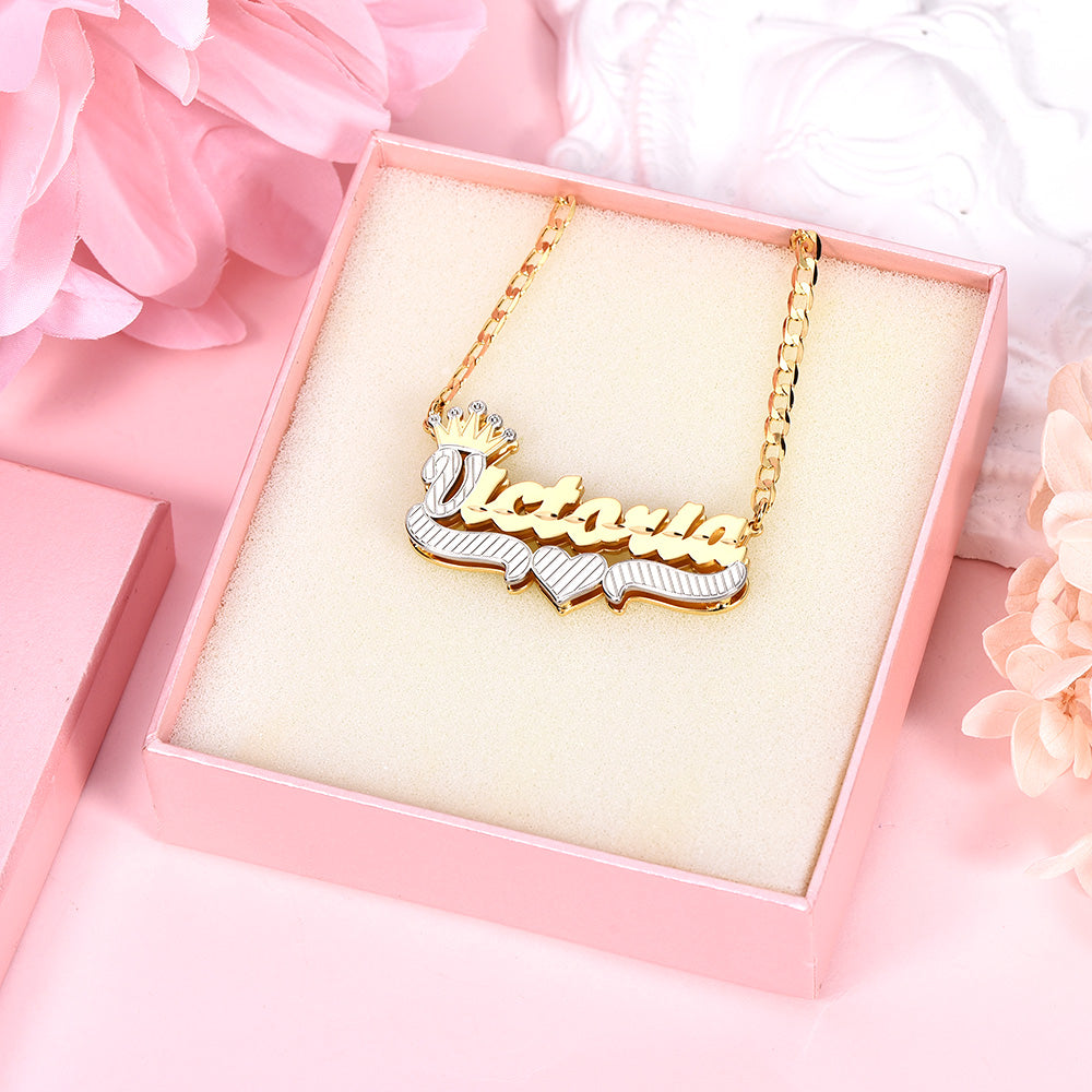 Double Layer Two Tone Nameplate Crown Heart Personalized Custom Gold Plated Name Necklace-silviax