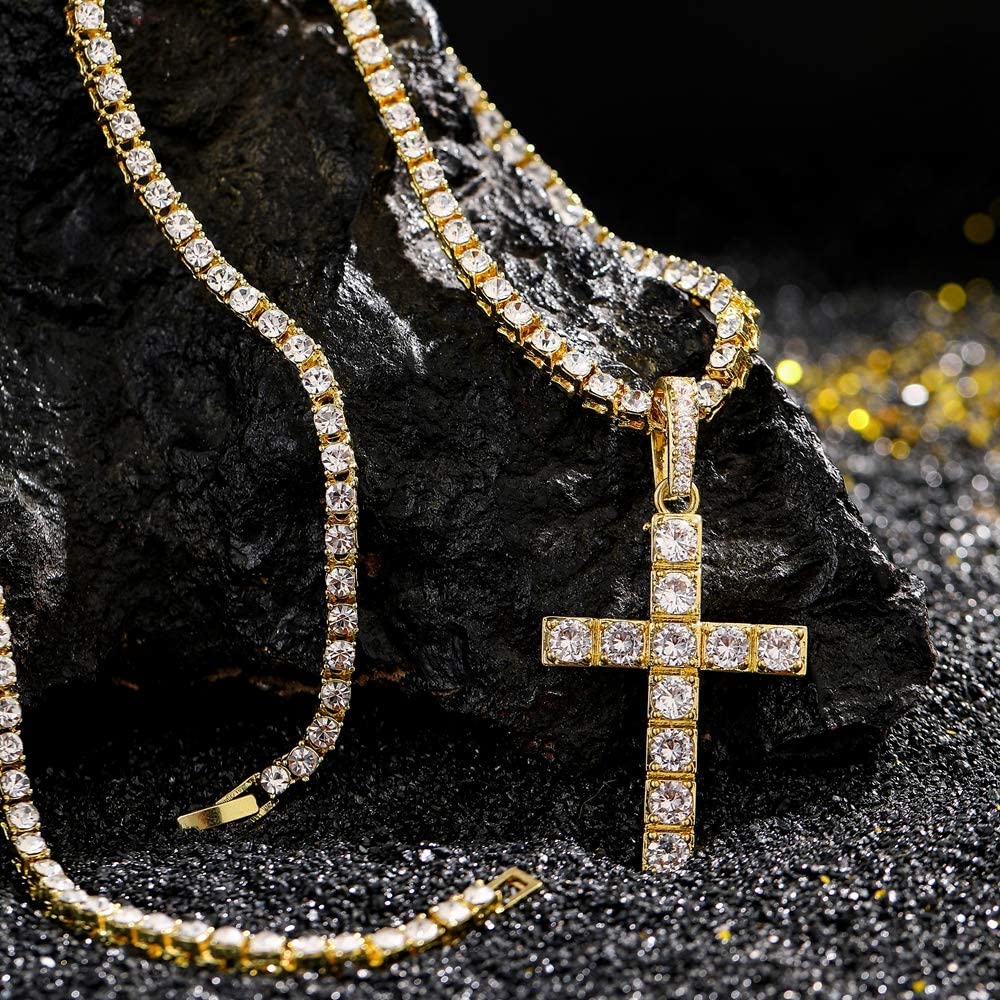 Cross Pendant Necklace Tennis Chain Gold Plated for Men and Women