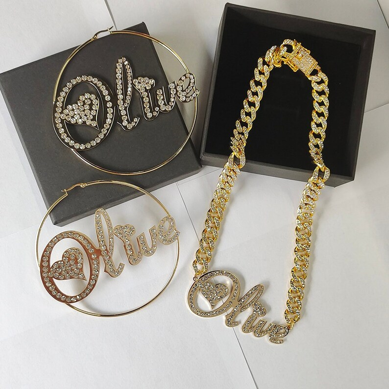 Icy Out Cuban Chain Personalized Gold Plated Name Necklace with Heart and Hoop Name Earrings-silviax