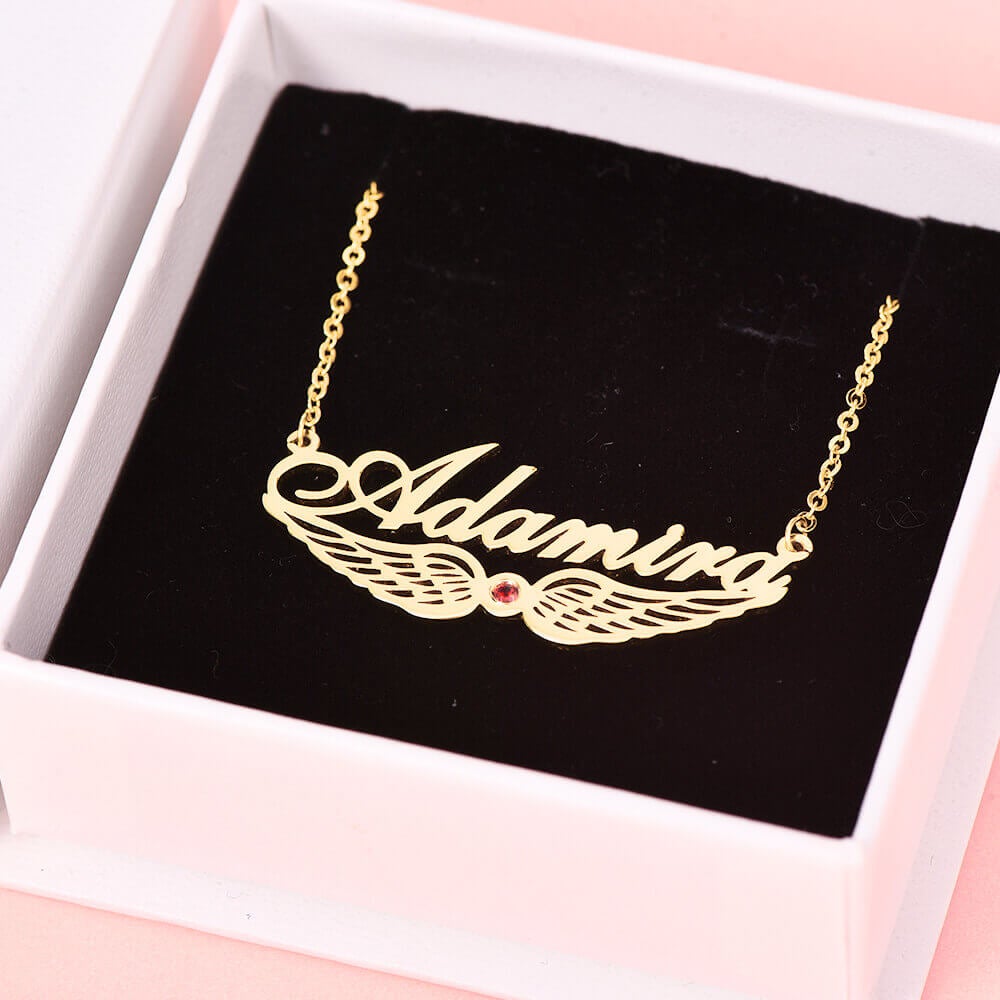 Angel Wing Nameplate Pendant with Birthstone Gold plated Personalized Custom Name Necklace-silviax