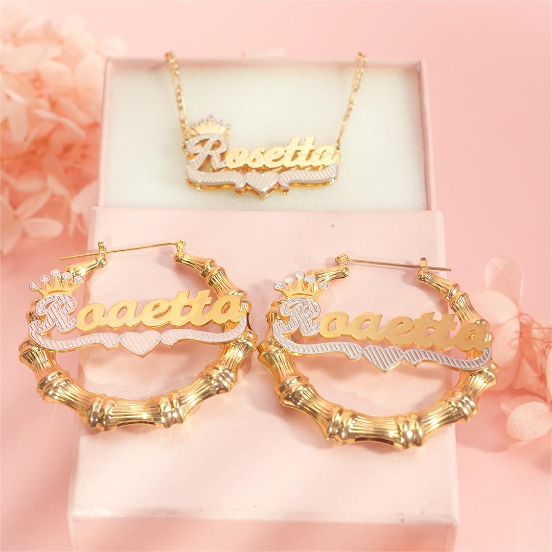 Crown Two Tone Personalized Custom Gold Plated Name Bamboo Hoop Earrings And Double Layer Name Necklace Set