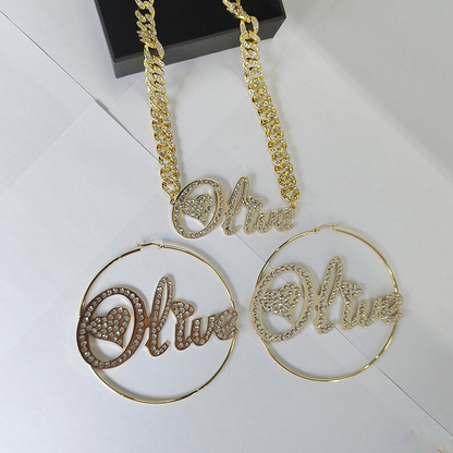 Icy Out Cuban Chain Personalized Gold Plated Name Necklace with Heart and Hoop Name Earrings-silviax