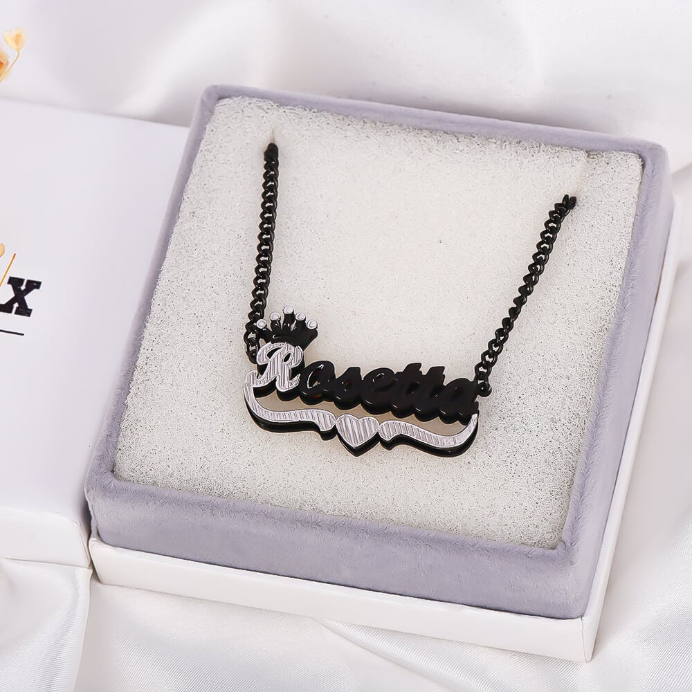 Double Layer Two Tone With Crown And Heart Black Nameplate Personalized Custom Name Necklace-silviax