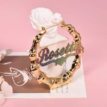 Colorful Nameplate with Heart Personalized Bamboo Name Hoop Earrings