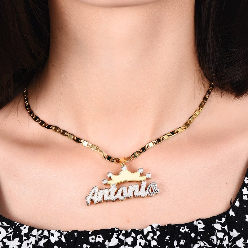 Double Layer Two Tone Crown Personalized Custom Gold Plated Name Necklace-silviax