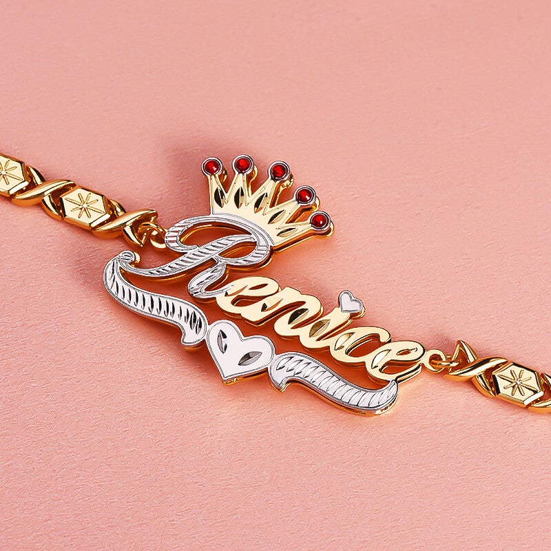 Double Layer Two Tone Ruby Crown and Heart with XOXO Chain Personalized Custom Gold Plated Name Bracelet-silviax