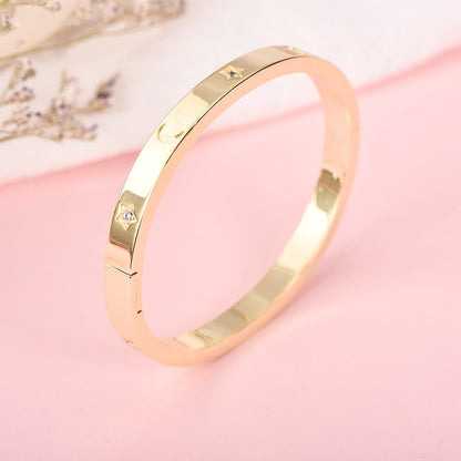 Moon And Inlaid Zircon Star Pattern Gold Plated Personalized Custom Engraved Bangle Bracelet-silviax