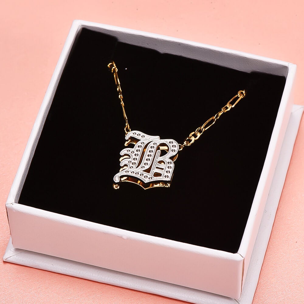 Double Layer Two Tone Old English Font Personalized Custom Gold Plated Initial Necklace